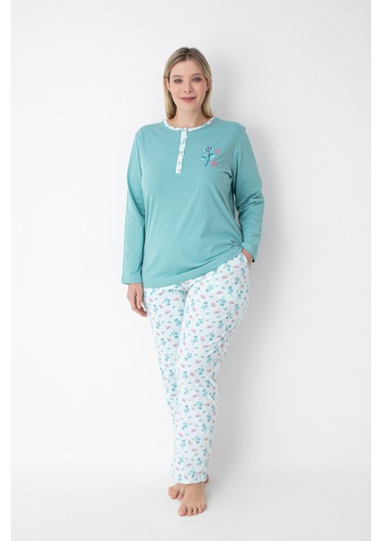 Büyük Beden Su Yeşili Çiçek Desenli Pijama Takımı