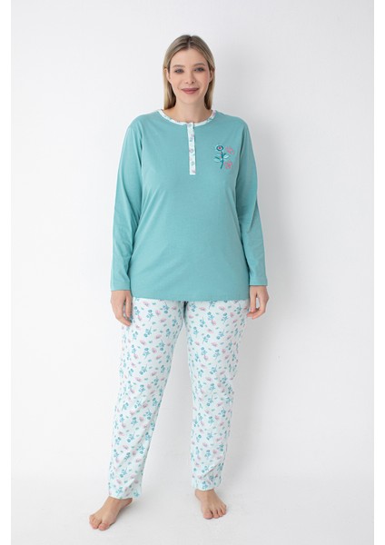 Büyük Beden Su Yeşili Çiçek Desenli Pijama Takımı