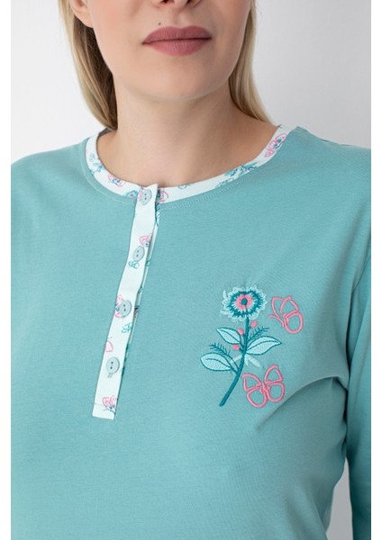 Büyük Beden Su Yeşili Çiçek Desenli Pijama Takımı