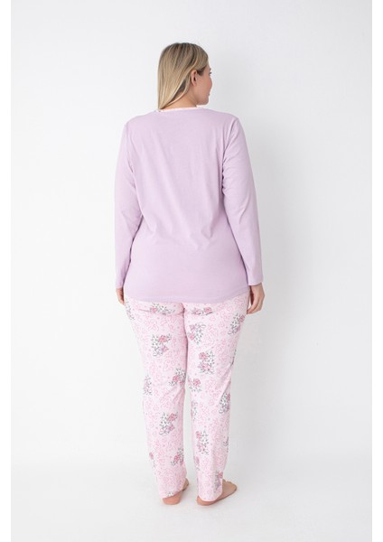Gülkurusu Çiçek Desenli Pamuklu Büyük Beden Uzun Kol Pijama Takımı modelleri