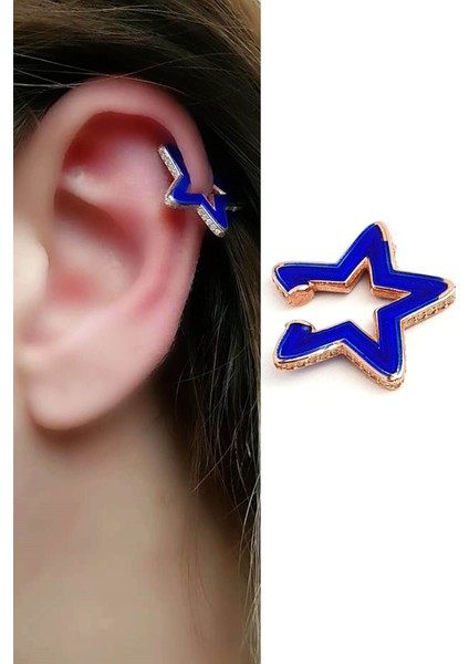 Lacivert Mineli Zirkon Taş Detaylı 925AYAR Gümüş Neon Yıldız Earcuff Sıkıştırmalı Kıkırdak Küpesi