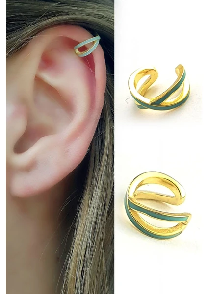 Ose Shop Su Yeşili Mineli 925AYAR Gümüş Earcuff Sıkıştırmalı Kıkırdak Küpes