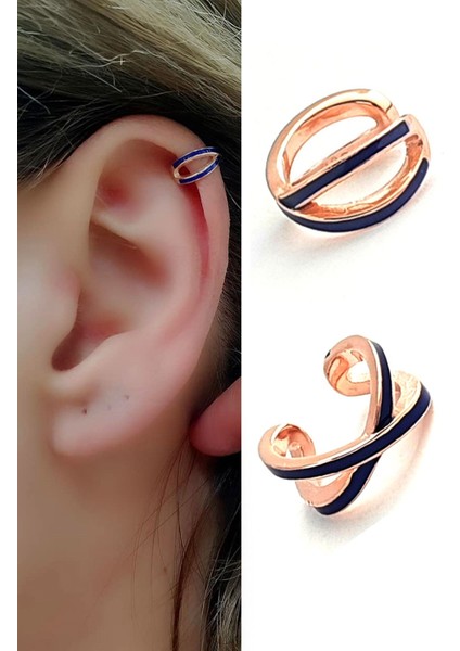 Lacivert Mineli 925AYAR Gümüş Rose Earcuff Sıkıştırmalı Kıkırdak Küpe