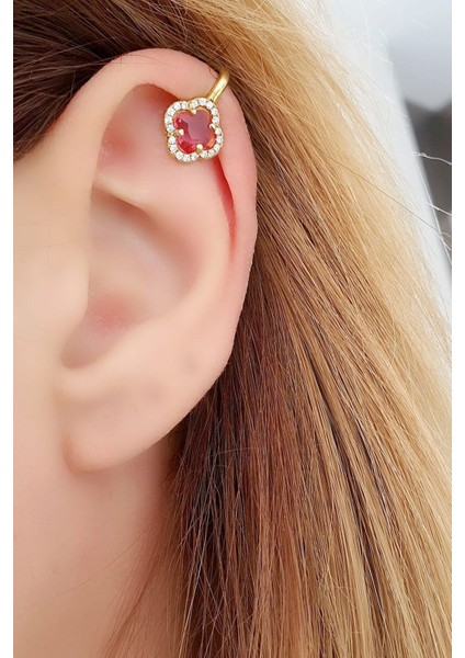 Pembe Zirkon Taşlı 925 Ayar Gümüş Üzerine Rose Altın Kaplama Italyan Sıkıştırmalı Earcuff Kıkırdak Küpesi