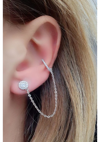 Pırlanta Parlaklığında Zirkon Taşlı 925ayar Gümüş Zincirli Kıkırdak Tek Küpe