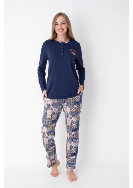 Kiremit/lacivert Etnik Desenli Pamuklu Uzun Kol Pijama Takımı
