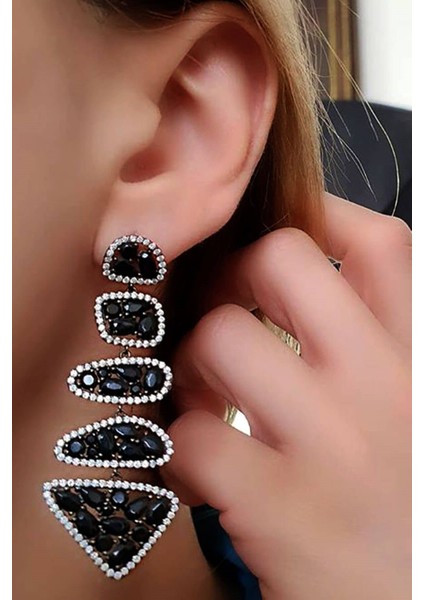 Italyan tasarımı oniks ve zirkon taş detaylı gümüş lüks küpe