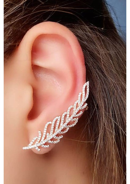 Tüy Figürlü zirkon taşlı tasarım lüks gümüş tek küpe