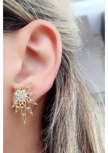 Baget Zirkon Taşlı 925AYAR Gümüş Üzerine Altın Kaplama Luxury Tasarım Kutup Yıldızı Küpe