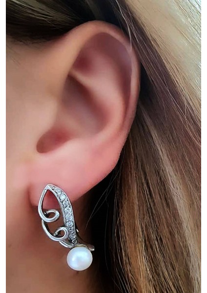 Zirkon taşlı gümüş inci küpe