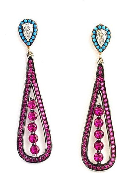 Pembe Zirkon ve Turkuaz Taşlı Sallantılı Lüks Gümüş Küpe