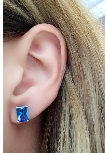 Sky Diamond Blue Creative Sapphire 925AYAR Gümüş Lüks Dikdörtgen Baget Küpe