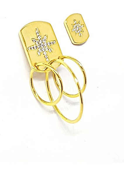 İtalyan Tasarımı Kutup Yıldızı Figürlü Zirkon Taş Detaylı Gümüş Altın Kaplamalı Küpe