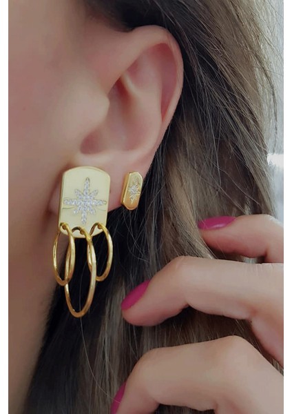 İtalyan Tasarımı Kutup Yıldızı Figürlü Zirkon Taş Detaylı Gümüş Altın Kaplamalı Küpe fiyatları