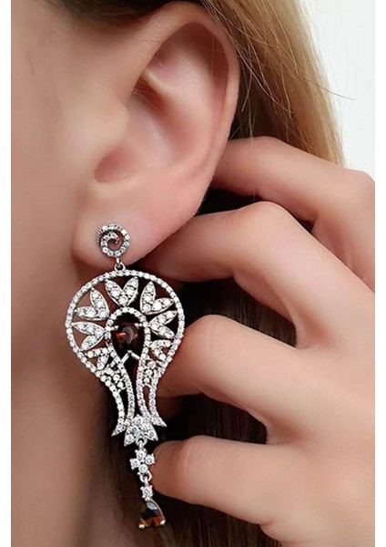 Granat taşlı zirkon taş detaylı gümüş lüks küpe