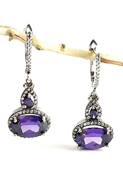 Ametist ve zirkon taşlı lüks gümüş sallantılı küpe