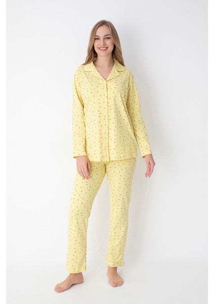 Çiçek Desenli Sarı Gömlek Pantolon Pijama Takımı