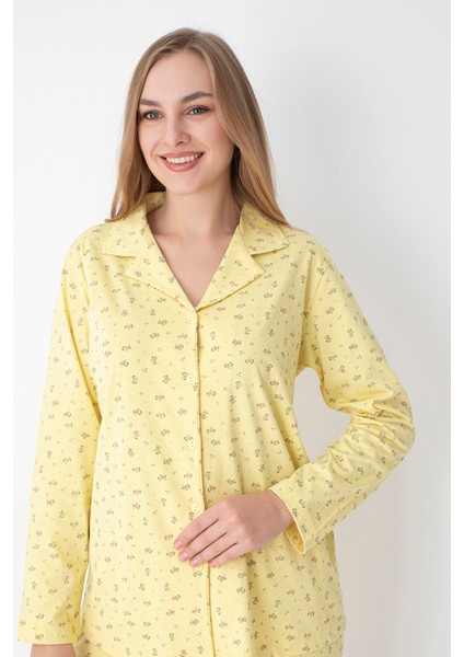 Çiçek Desenli Sarı Gömlek Pantolon Pijama Takımı fırsatları