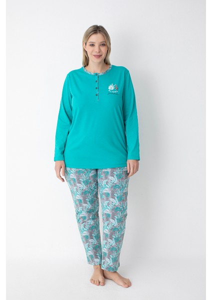Yeşil Tropik Desenli Pamuklu Büyük Beden Pijama Takımı
