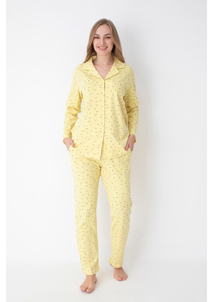 Çiçek Desenli Sarı Gömlek Pantolon Pijama Takımı