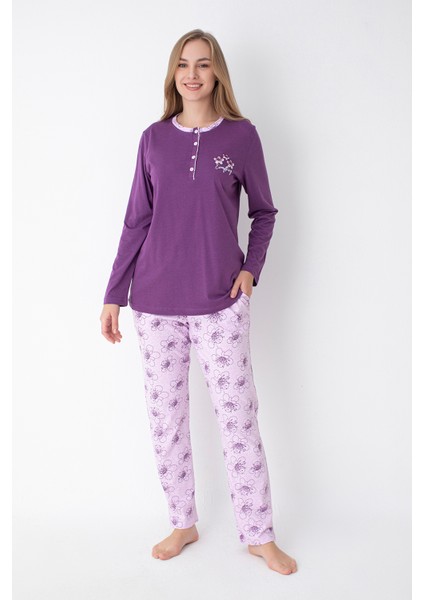 Mor Çiçek Desenli Uzun Kollu Pijama Takımı