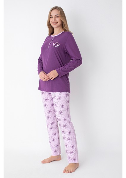 Mor Çiçek Desenli Uzun Kollu Pijama Takımı fiyatları