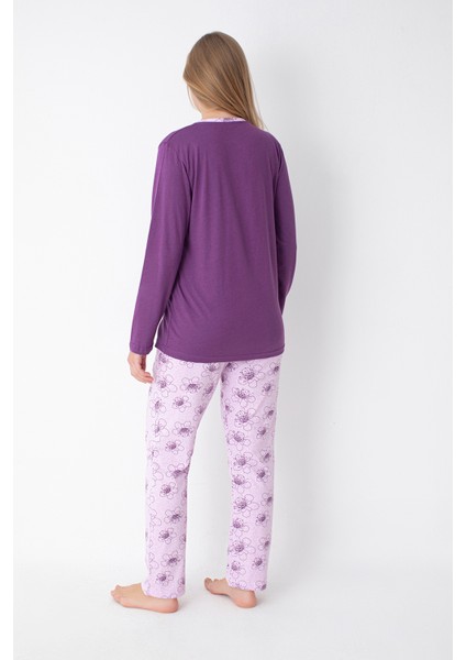 Mor Çiçek Desenli Uzun Kollu Pijama Takımı modelleri