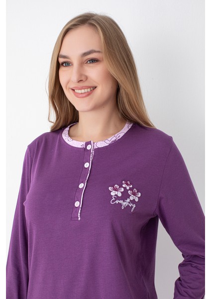 Mor Çiçek Desenli Uzun Kollu Pijama Takımı fırsatları