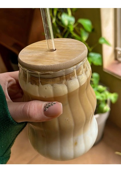 2 Adet Bambu Kapaklı Su Kabağı Bardağı Kokteyl ve Soğuk Kahve Bardağı, Borosilikat Cam - Pipetli