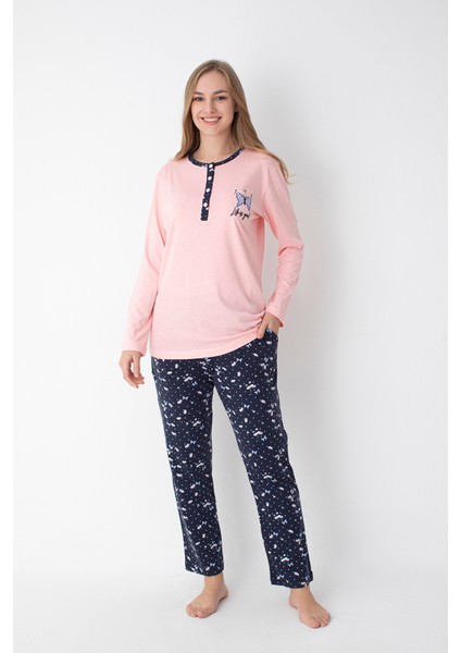 Pembe/lacivert Desenli Uzun Kol Pijama Takımı