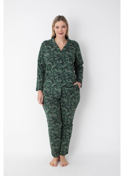 Yeşil Desenli Pamuklu Büyük Beden Gömlek Pantolon Pijama Takımı