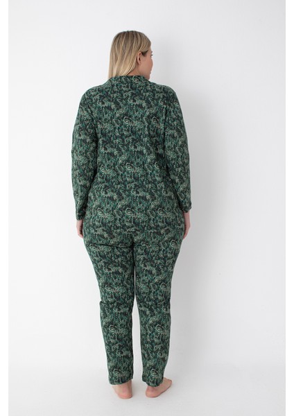 Yeşil Desenli Pamuklu Büyük Beden Gömlek Pantolon Pijama Takımı
