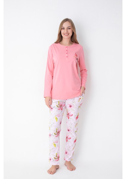 Pembe Çiçek Desenli Uzun Kollu Pijama Takımı