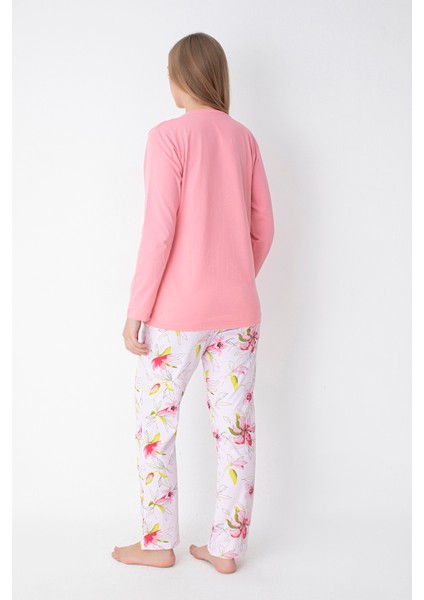 Pembe Çiçek Desenli Uzun Kollu Pijama Takımı modelleri