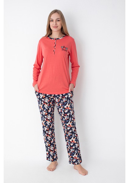 Koral/lacivert Desenli Uzun Kol Pijama Takımı