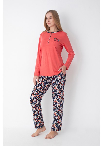 Koral/lacivert Desenli Uzun Kol Pijama Takımı