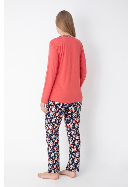 Koral/lacivert Desenli Uzun Kol Pijama Takımı