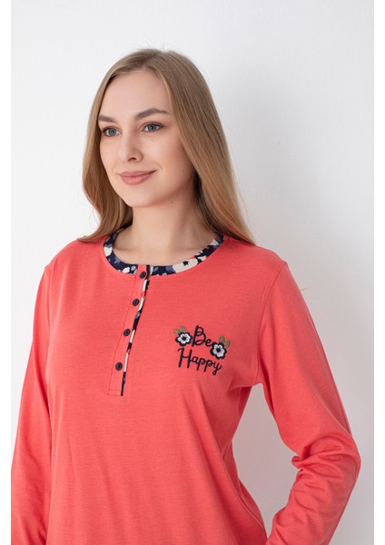 Koral/lacivert Desenli Uzun Kol Pijama Takımı