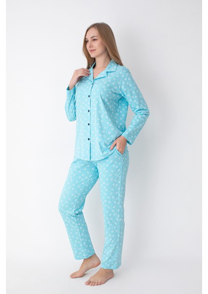 Turkuaz Papatya Desenli Gömlek Pantolon Pijama Takımı