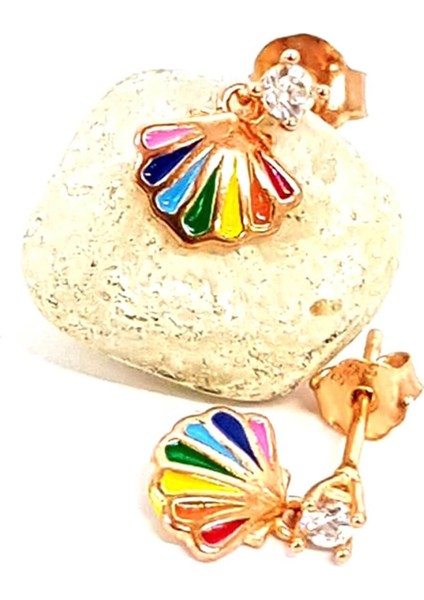 Deniz kabuğu mine işçilikli gümüş bayan küpe