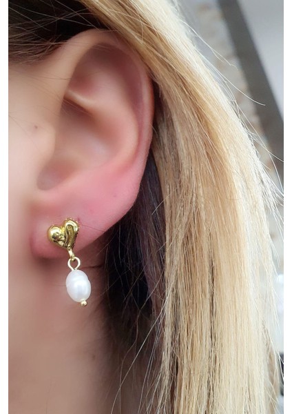 İtalyan 925ayar Gümüş Üzerine Altın Kaplama Kalpli Barok İncili Tasarım Küpe