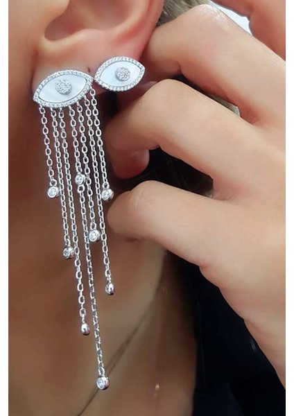 Zirkon ve sedef taşlı göz figürlü tasarım gümüş küpe çifti