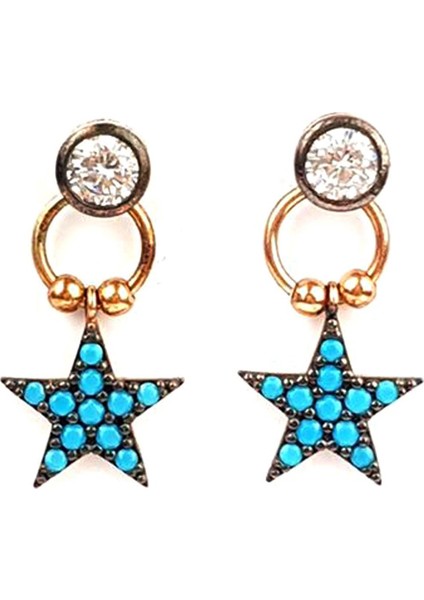 Turkuaz ve zirkon taşlı sallantılı gümüş yıldız küpe