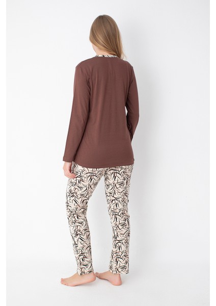 Kahverengi Desenli Uzun Kol Pijama Takımı modelleri