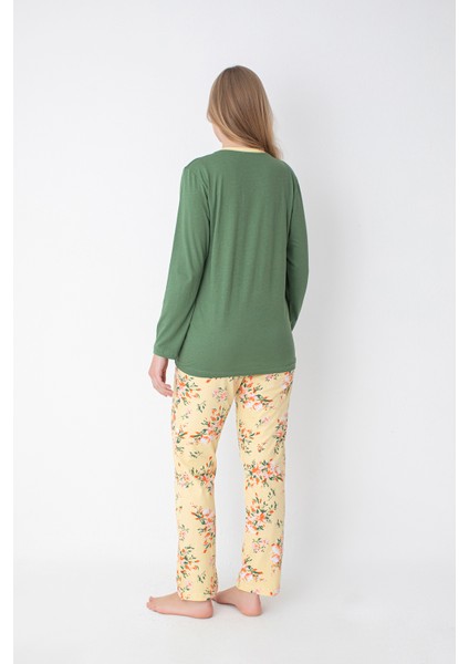 Yeşil/sarı Çiçek Desenli Uzun Kollu Pijama Takımı modelleri