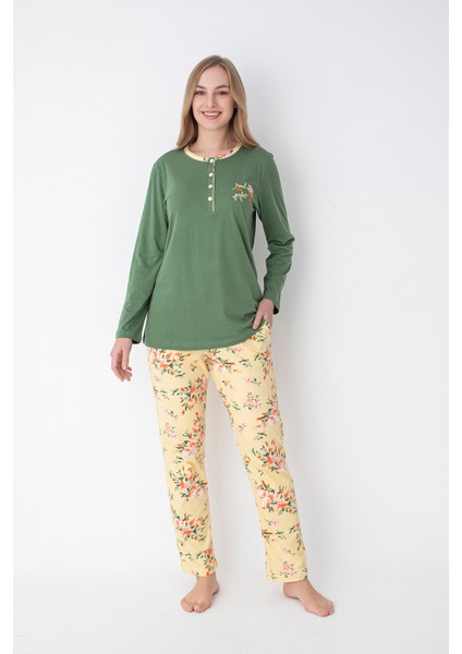 Yeşil/sarı Çiçek Desenli Uzun Kollu Pijama Takımı