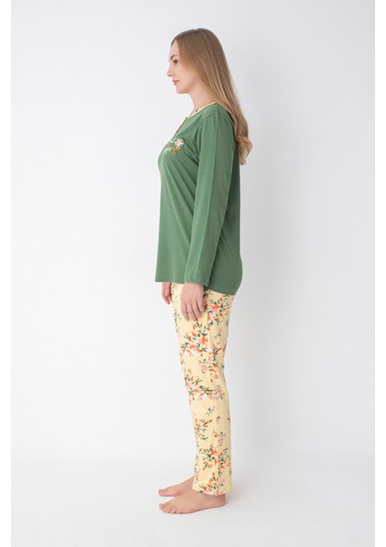 Yeşil/sarı Çiçek Desenli Uzun Kollu Pijama Takımı