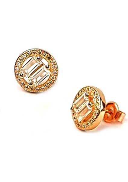 Pırlanta ışıtısında baget kesim zirkon taşlı gümüş üzerine rose altın kaplamalı küpe