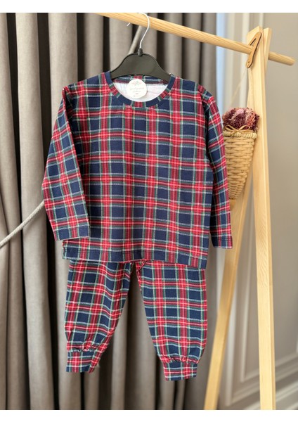 Yeni Yıl Yılbaşı Noel Pijama Partisi Ekoseli Çizgili Pamuklu Kız Erkek Unisex Çocuk Pijama Takımı