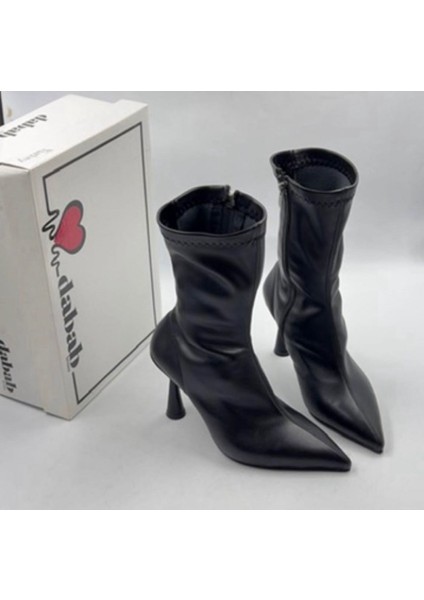 Kadın Marya Siyah Streç Cilt Yandan Fermuar Sivri Burun Ince Topuklu Bot